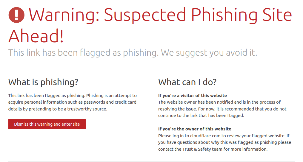 Screenshot of Cloudflare's Phishig Warning