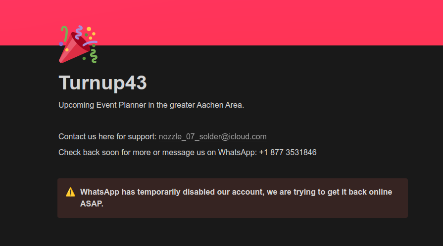 Screenshot of the Website I threw together using Notion. Turnup43 - Upcoming Event Planner in the greater Aachen Area.