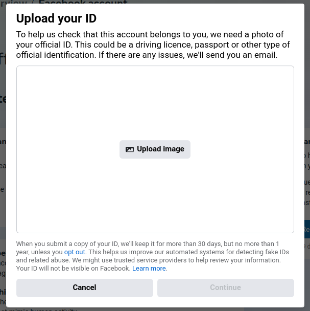 Screenshot of a Facebook UI Element: 'Upload your ID.'